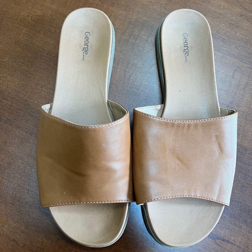 George Size 8 Vegan Leather Cognac Slide Sandals